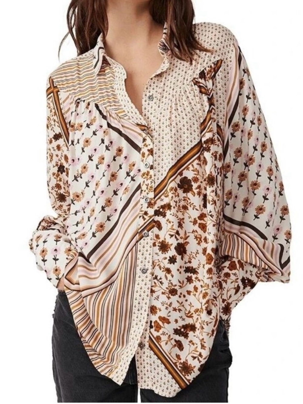 Free People Hazel Button Down Patchwork Blouse Ivory Floral Viscose, Small